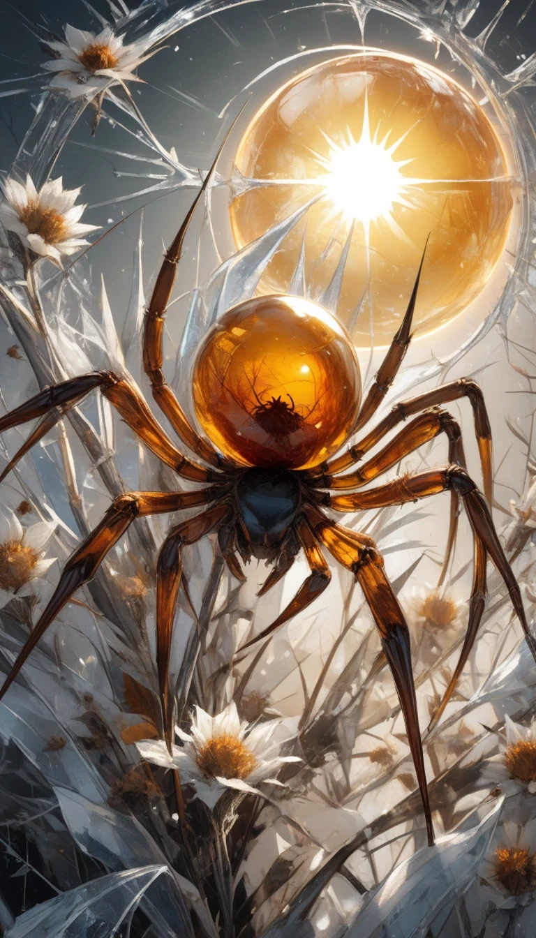 A masterpiece. The style is hyperrealism of decorative complexity.((Image of amber resin with frozen flowers and a spider on the background of the sun)). High resolution. High…