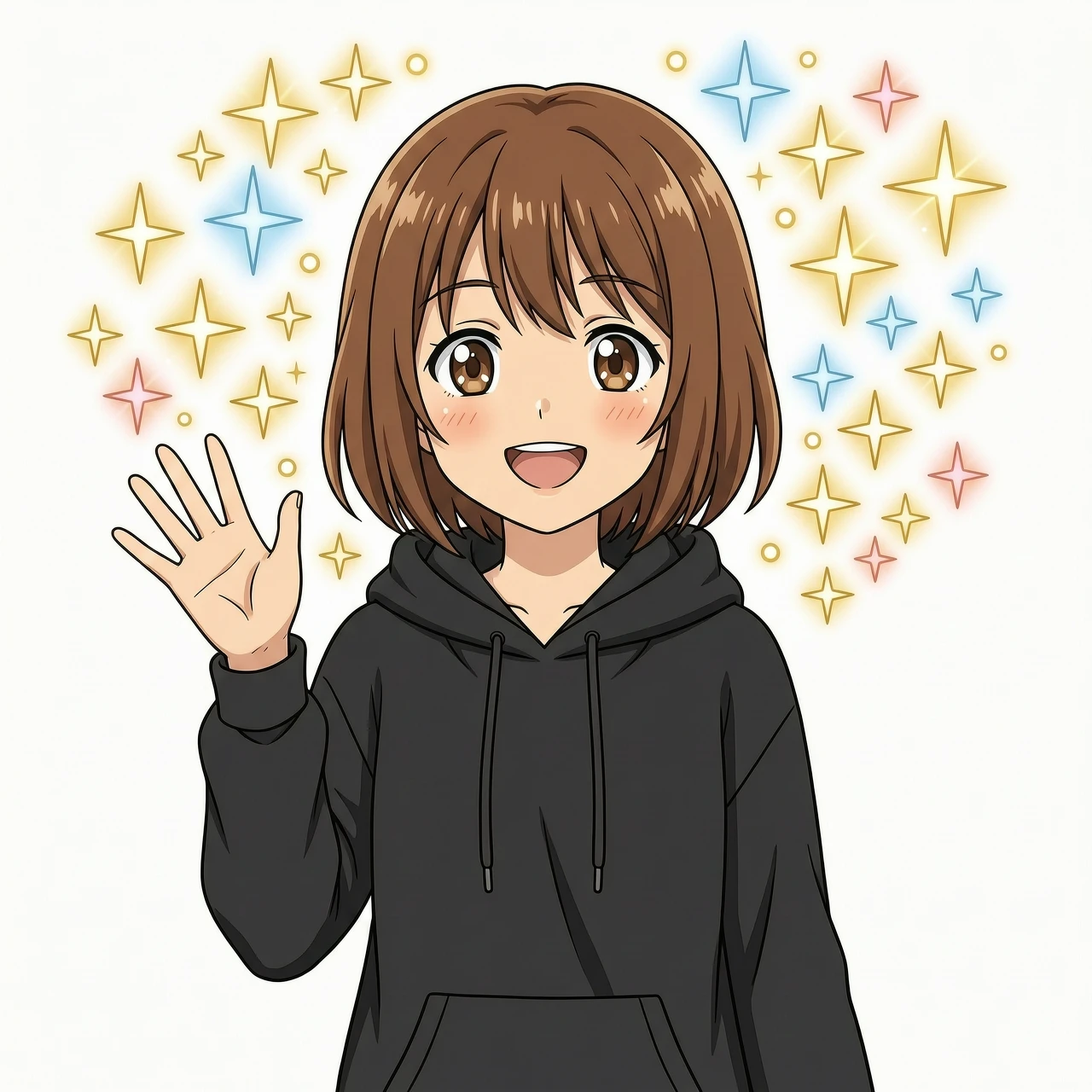 Classic 2010s anime style, 2D flat anime aesthetic, beautiful ordinary anime girl, standard human proportions, short brown hair, expressive brown eyes, wearing an oversize black…