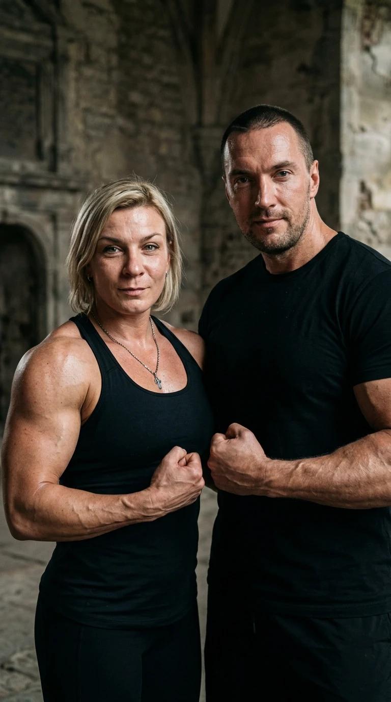 Hyper-realistic cinematic film still, high-detail photography. A powerful female bodybuilder with highly defined musculature and athletic physique standing side-by-side with…