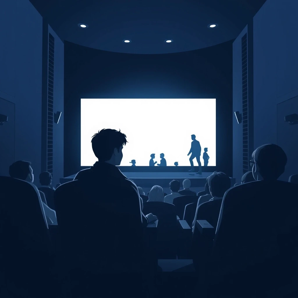 Атмосферная 2D иллюстрация, монохромная в глубоких оттенках темно-синего, индиго и сапфира, с мягким свечением экрана. Сюжет: уютный кинозал. На переднем плане — человек сидит в…