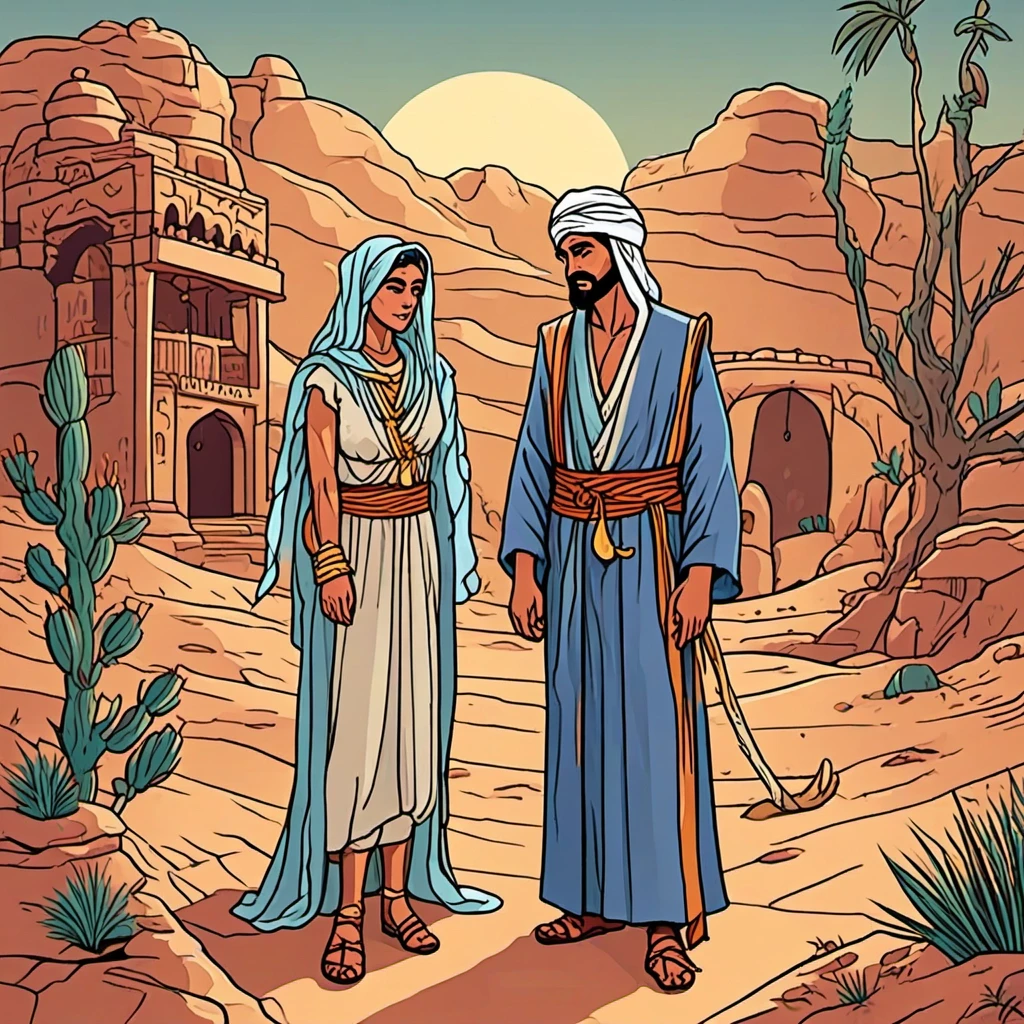 In the background of the desert sit with sad and sorrowful faces, characters from the Arabian fairy tales Thousand One Nights, they have mourning and tears in their eyes.…
