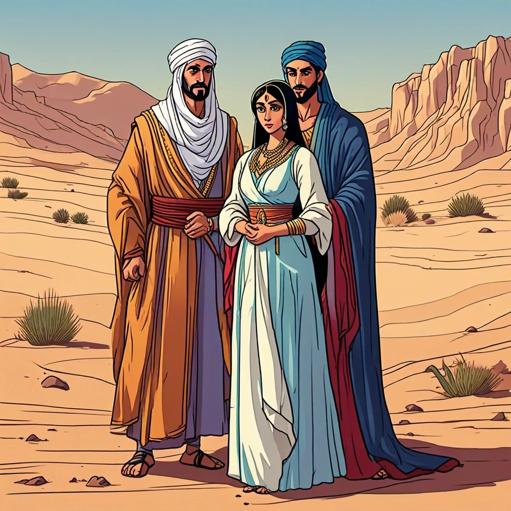 In the background of the desert sit with sad and sorrowful faces, characters from the Arabian fairy tales Thousand One Nights, they have mourning and tears in their eyes.…