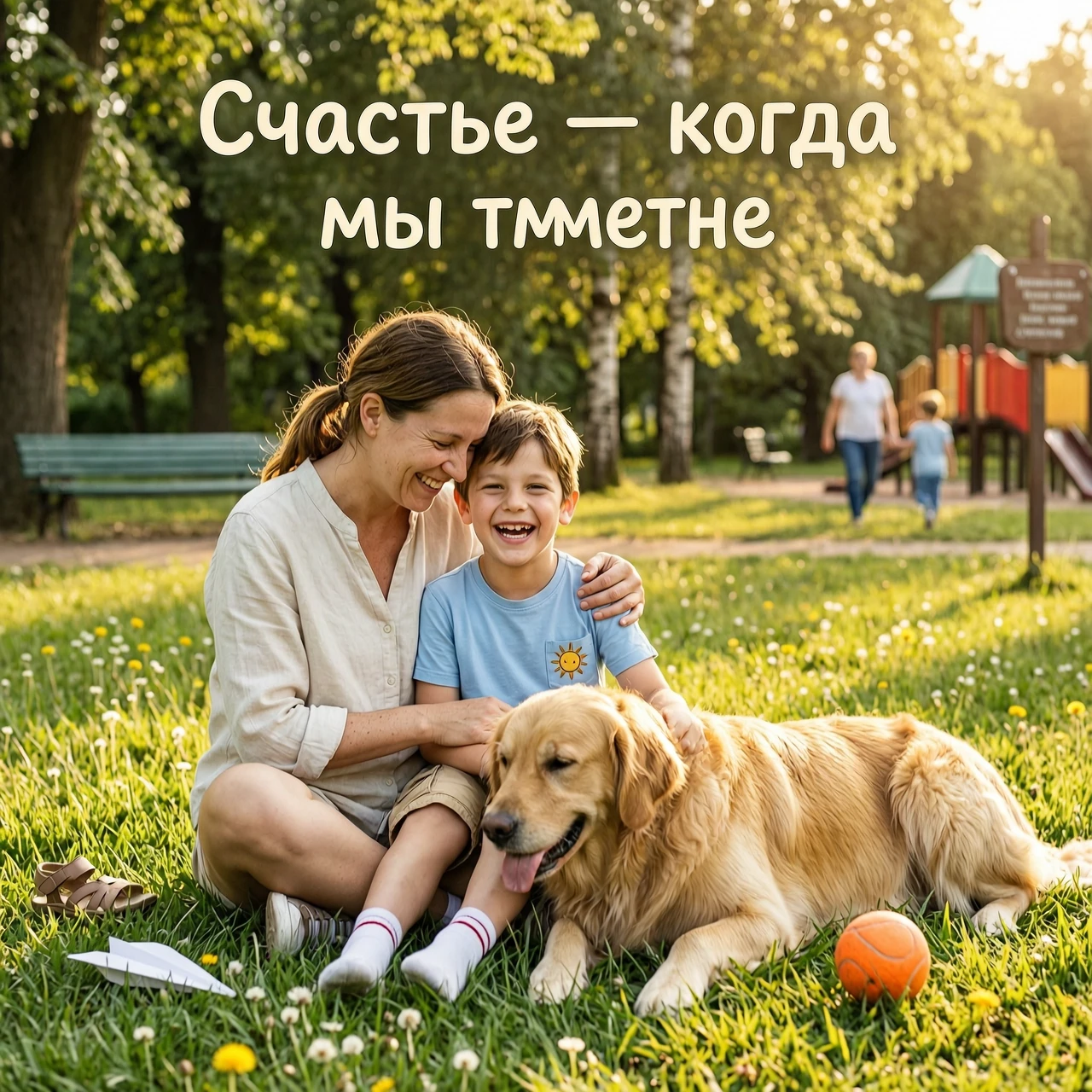 Мама, мальчик 7 лет и собака породы золотистый ретривер сидят вместе на траве в солнечном парке. Мама обнимает мальчика, собака положила голову на колени мальчику. Все улыбаются…
