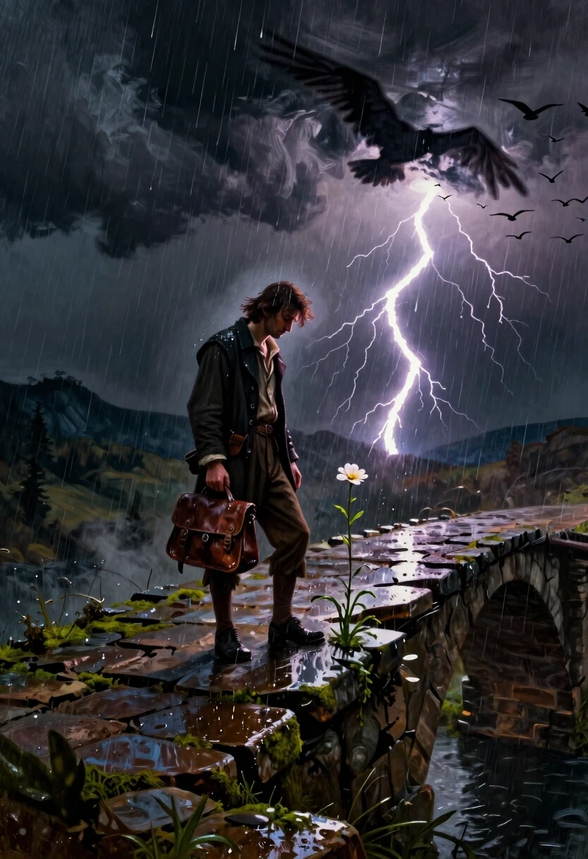 Dramatic wide shot in a painterly baroque style reminiscent of Caravaggio: deep chiaroscuro, heavy brushstrokes, rich saturated colors. A lone figure stands on a crumbling stone…