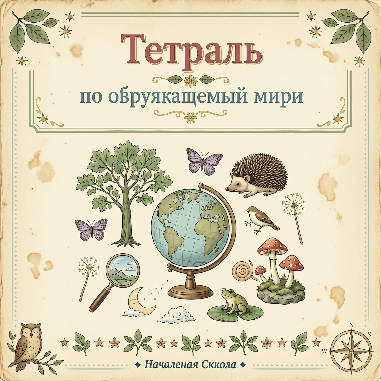 Картинка в винтажном стиле в пастельных тонах . Вверху картинки надпись: Тетрадь по окружающему миру . — работа пользователя Безумная Орбита