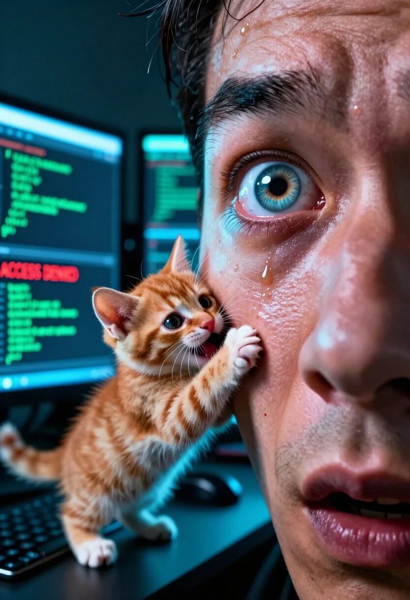 A hyper-realistic, extreme close-up shot (macro) of a hacker's face, focusing on one eye and the bridge of the nose. The lighting is dominated by the cold, electric blue and…