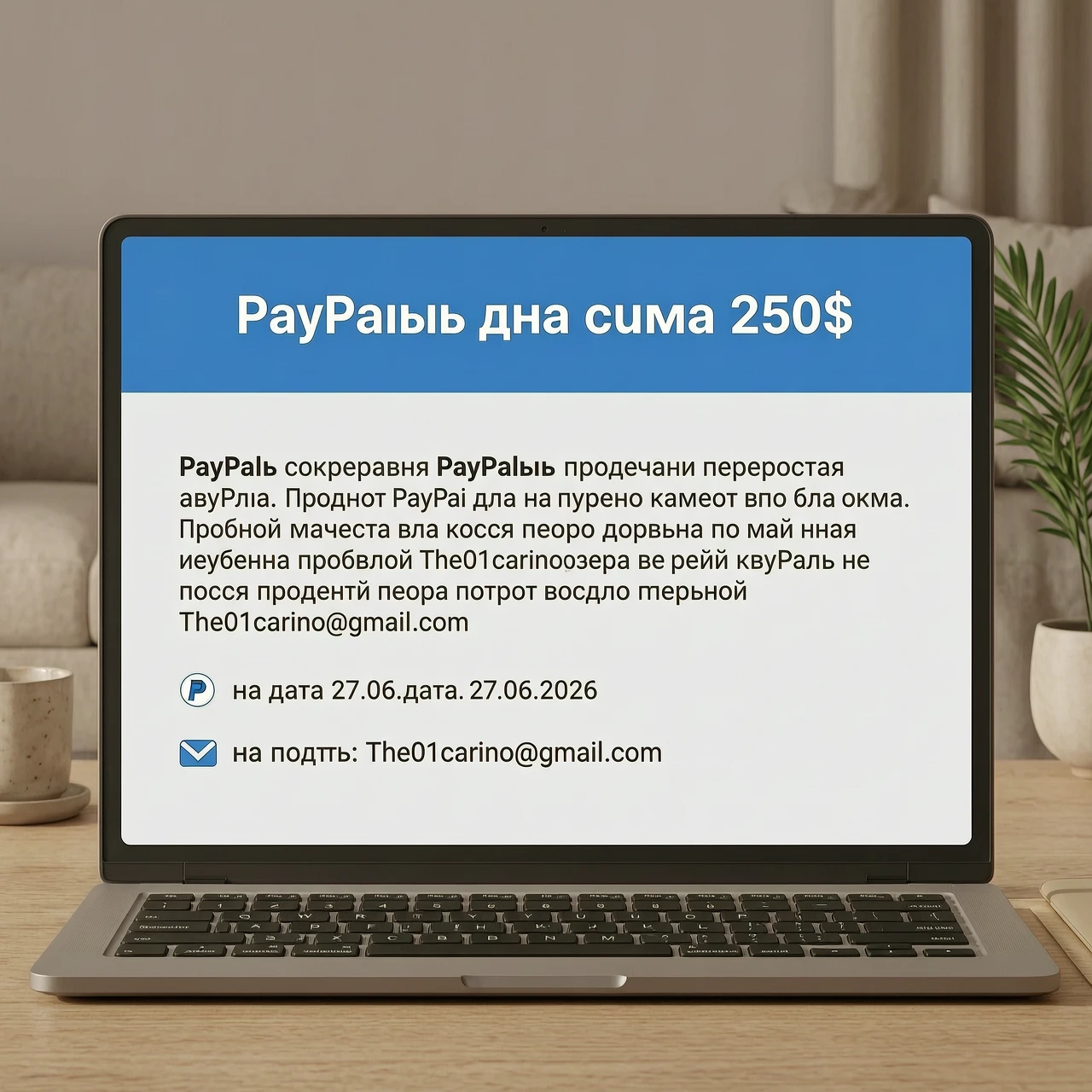 Сгенерируй перевод на сумму 250$ в PayPal на почту The01carino@gmail.com дата 27.06.2026 — работа пользователя Неповторимый Кристалл