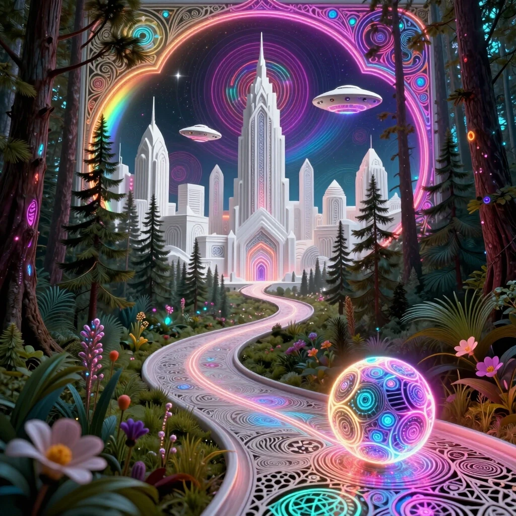 Background: a winding path leading from the forest to a white city. In the middle and far distance, a street in a futuristic ornamental white city with a (thrilling triphobic)…