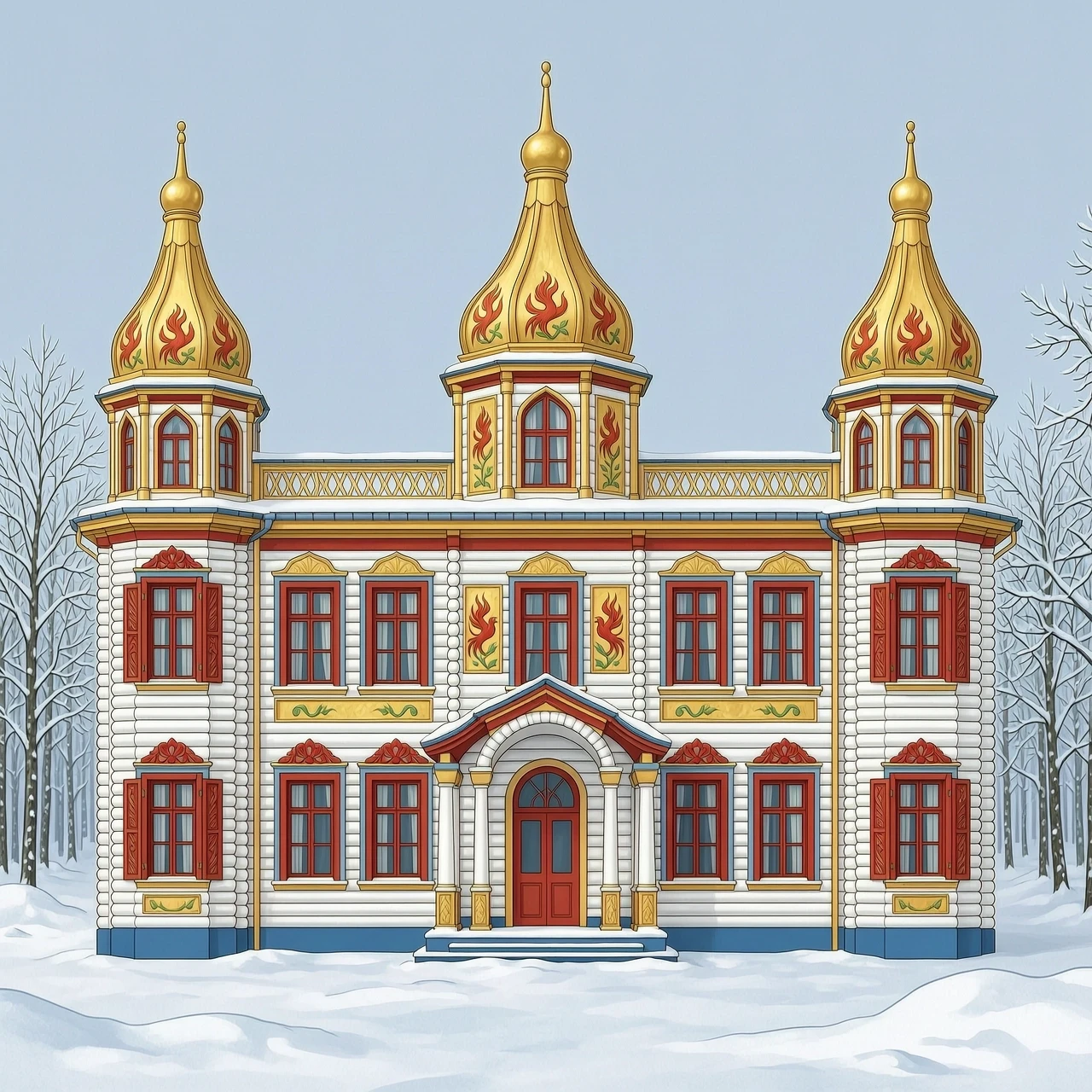 create an image of the royal estate, 2 floors, with turrets, kokoshniks, scarlet flowers and firebirds on the tiles, carved columns, many colored murals on the facade, built in…