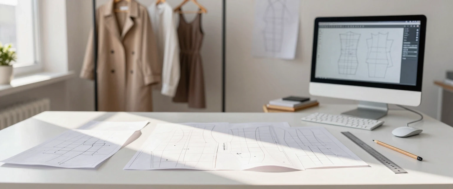 Fashion design bureau for pattern making, front view. Foreground: a clean white desk with neatly arranged paper patterns, garment darts, technical sewing schemes, graphite…