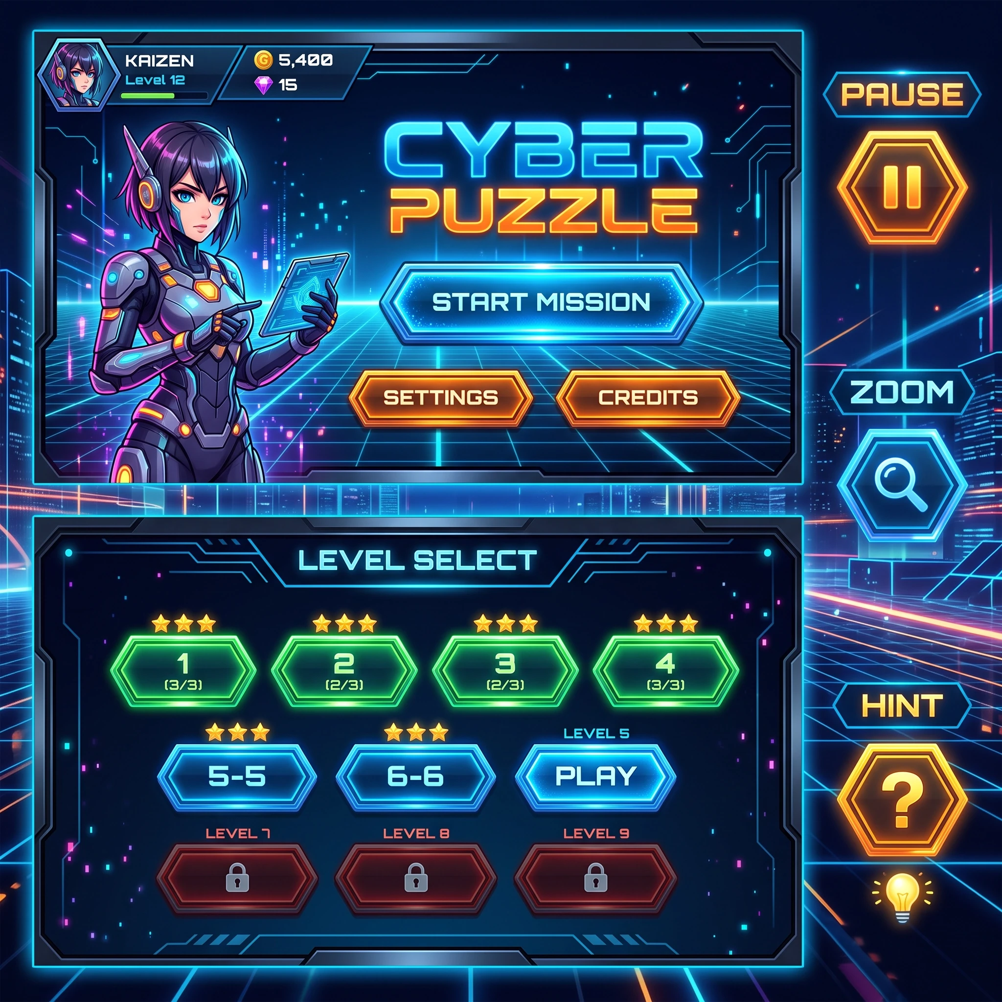 Нарисуй ui kit для мобильной игры головоломки пазл, в стилистике аниме трон отмеченном богом. Чтоб было главное меню, уровни, кнопки пауза увеличения подсказка. — работа…