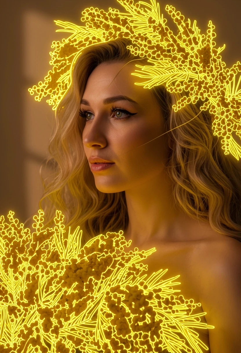 Detailed photo of the girl, with delicate thin micro LED neon flex strings neatly tracing the exact shapes of the mimosa flowers and wreath. Ultra-thin yellow neon wire overlay,…