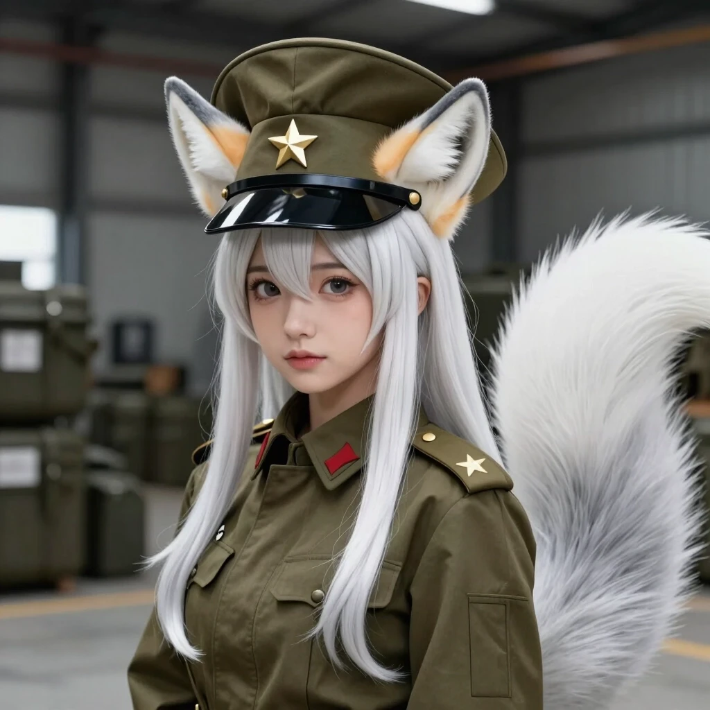 A beautiful Kumiho girl wearing a large oversized round military visor hat with a wide flat circular top and a black glossy brim visor, a small gold star pin in the front. She…