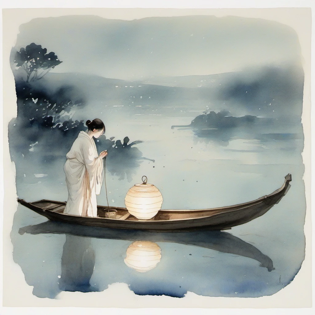 A loose wet-on-wet watercolor painting on coarse cotton paper: a woman in white silk robes kneels on one knee on a small wooden boat at night, lowering a lotus-shaped lantern to…