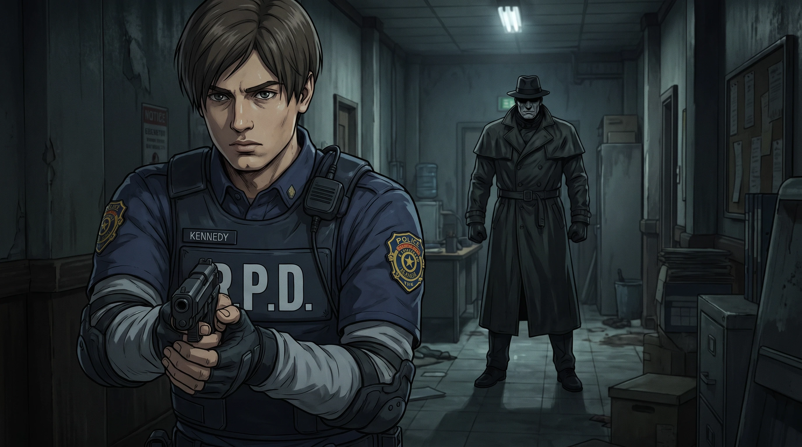 Resident Evil (Франшиза), Леон Кеннеди в полицейской форме, держит пистолет, на фоне коридора полицейского участка и Мистера Икс, стиль аниме с реалистичными деталями — работа…