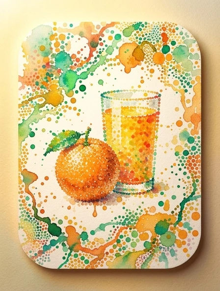 Watercolor splashes and streams of watercolor on rounded watercolor paper. In the style of Agnes Cecil. Image in the technique of digital pointillism. Drops and spots of bright…