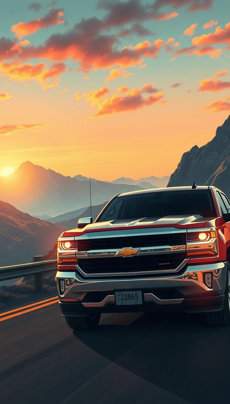 Chevrolet Silverado, едет по горной дороге, эпичный ракурс, горящие фары, на фоне гор, закат, шедевр, крупный план, стиль аниме с реалистичными деталями — работа пользователя…