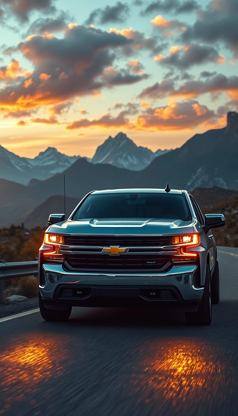 Chevrolet Silverado, едет по горной дороге, эпичный ракурс, горящие фары, на фоне гор, закат, шедевр, крупный план, стиль аниме с реалистичными деталями — работа пользователя…
