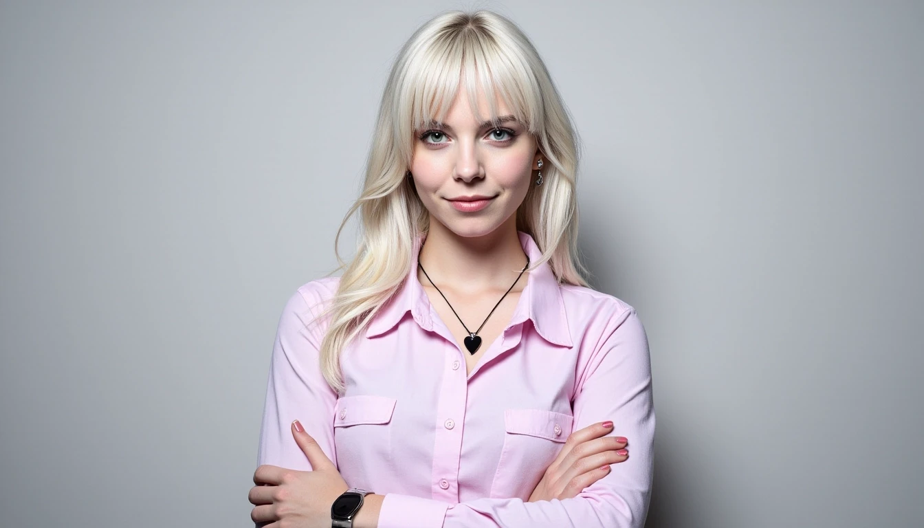 A confident young woman stands against a neutral background, exuding a strong, modern gothic vibe. She has long, platinum blonde hair with straight bangs and striking…