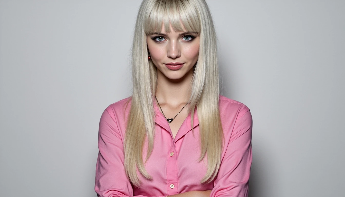 A confident young woman stands against a neutral background, exuding a strong, modern gothic vibe. She has long, platinum blonde hair with straight bangs and striking…