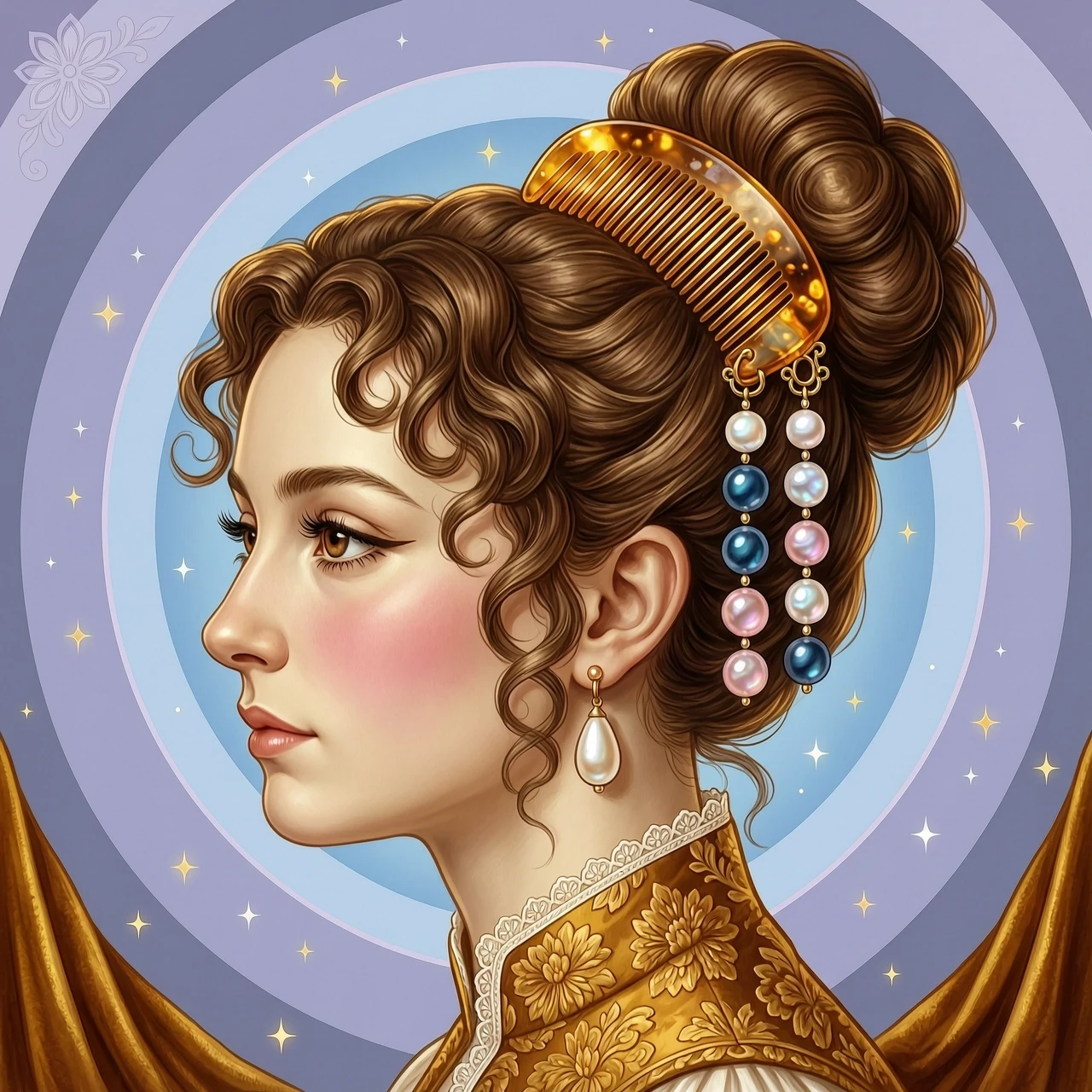 The picture shows a character in a stylized illustration, using the technique of a romantic portrait. The girl is turned in profile to the right. She has big expressive eyes…