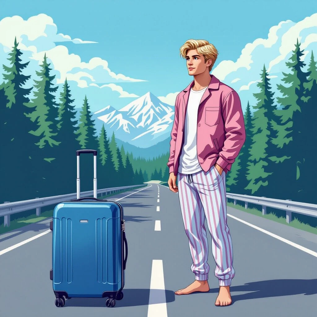 A mystical illustration of a handsome young man in his 20s with blond hair and eyes standing on a highway in the middle of a pine forest. He's wearing striped pajama pants…