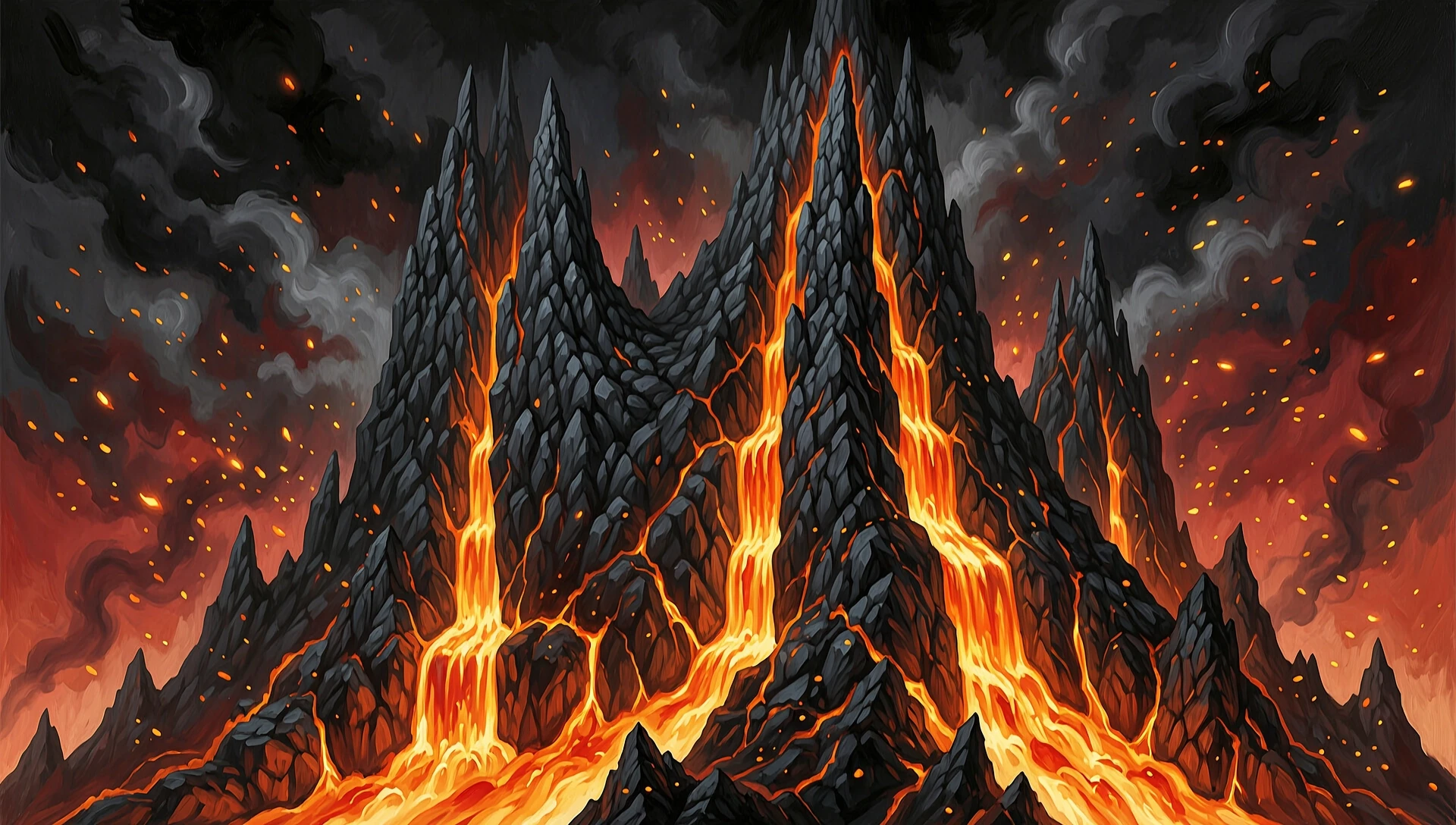 Dark fantasy oil painting artwork, widescreen 16:9 layout. A majestic and terrifying artistic illustration of Angband, the iron fortress of Morgoth. In the center, the three…