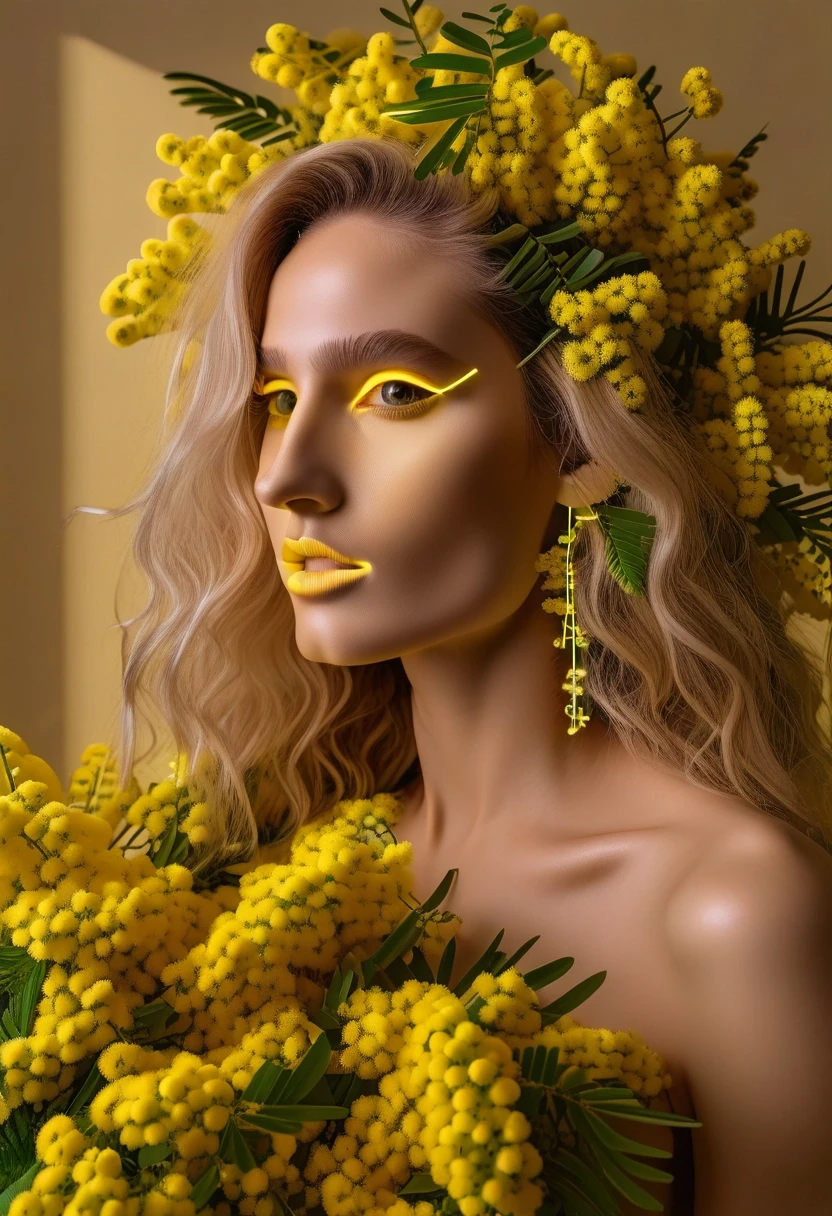 A realistic yellow flexible LED neon tube is physically placed on top of the mimosa flowers. Glowing electric neon line, real glass neon pipe glowing with bright yellow light…
