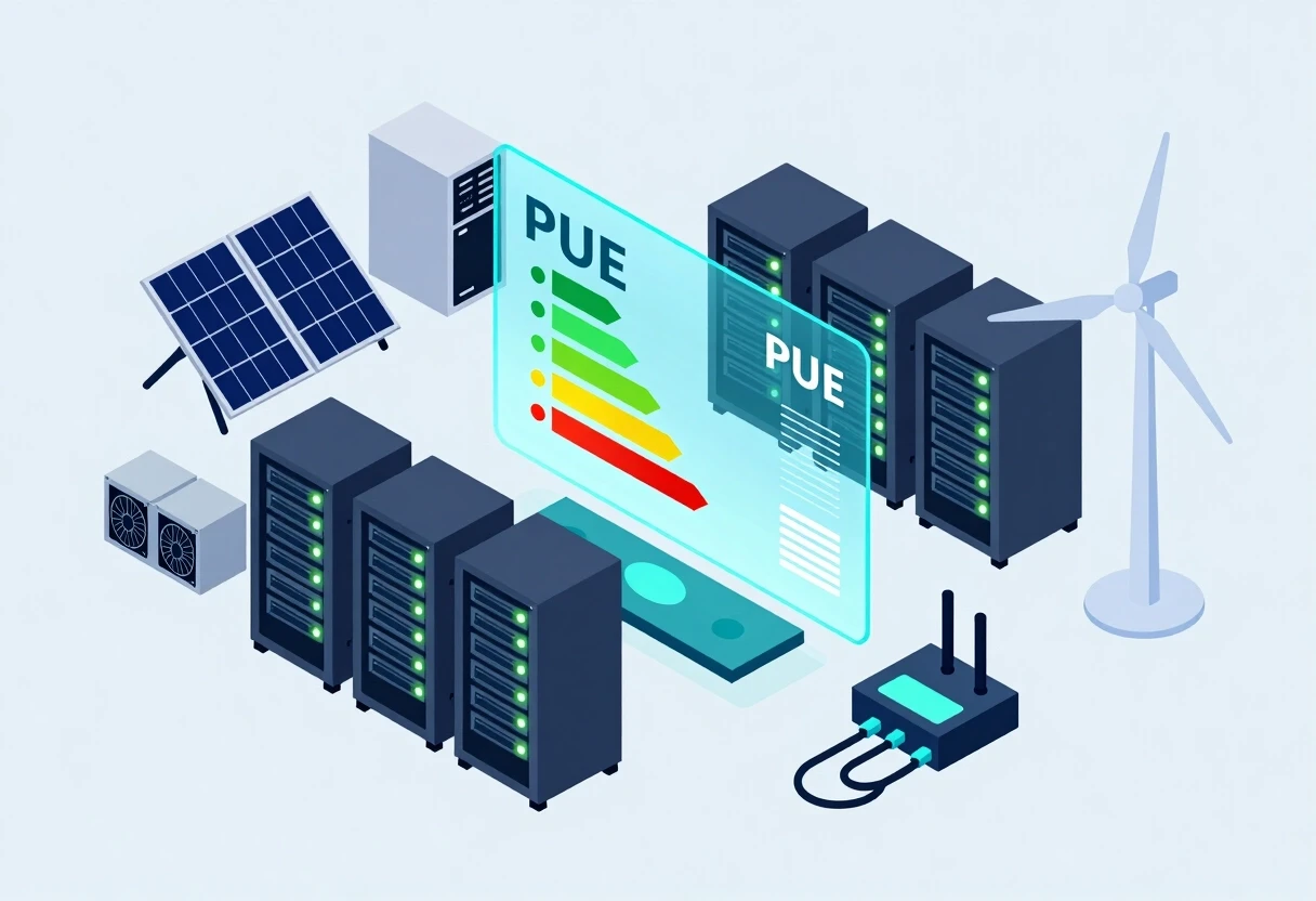 Isometric vector illustration of a modern data center energy management concept. A central holographic dashboard showing PUE metrics and green efficiency graphs. Around it:…