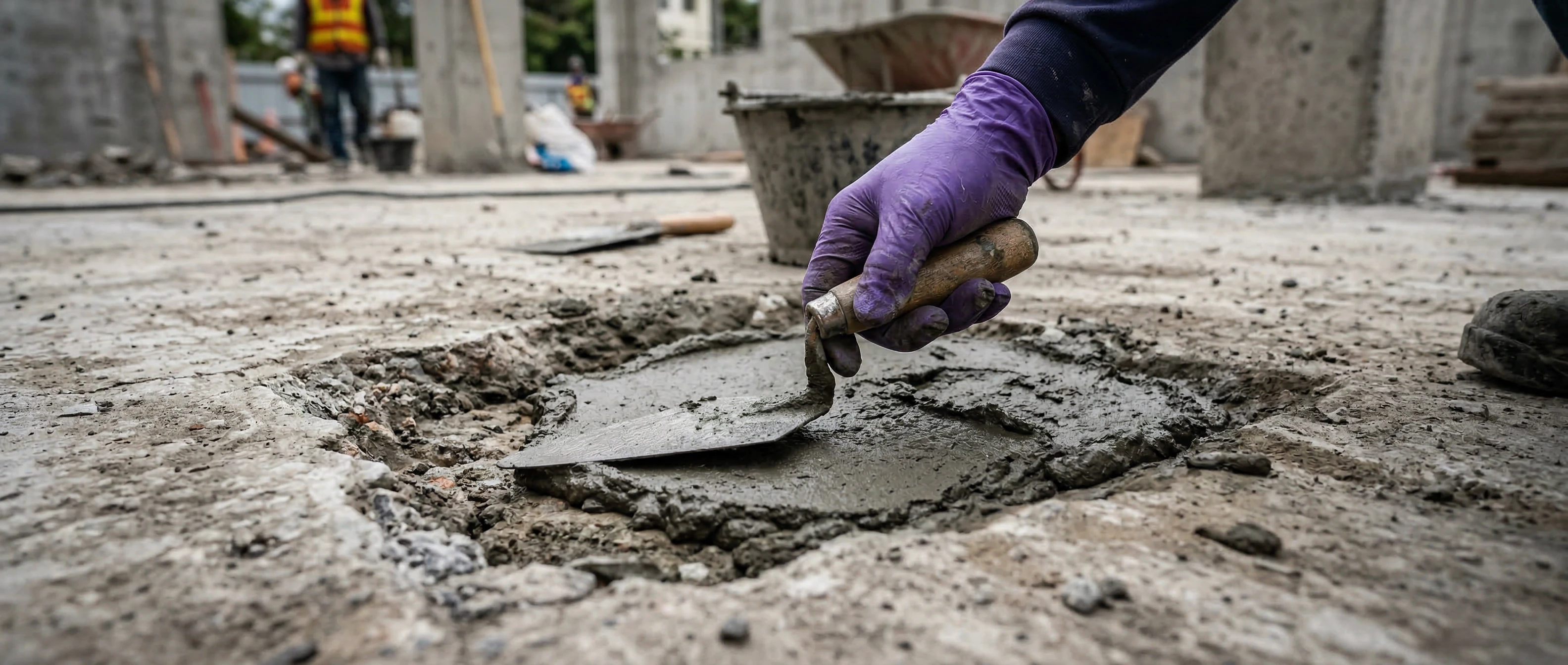 Create a highly realistic photo in high resolution, 4k. The image shows the process of repairing a concrete surface. In the center of the frame is a hand wearing a protective…