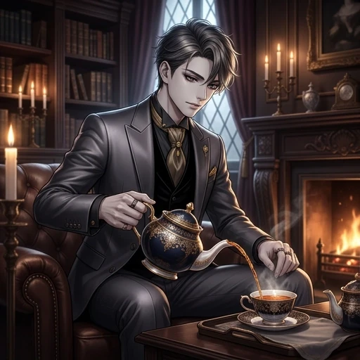 A high‑quality anime‑style illustration depicting a young man with noticeably ash‑pale skin and a refined appearance, dressed in an exquisite charcoal‑colored custom‑made suit…