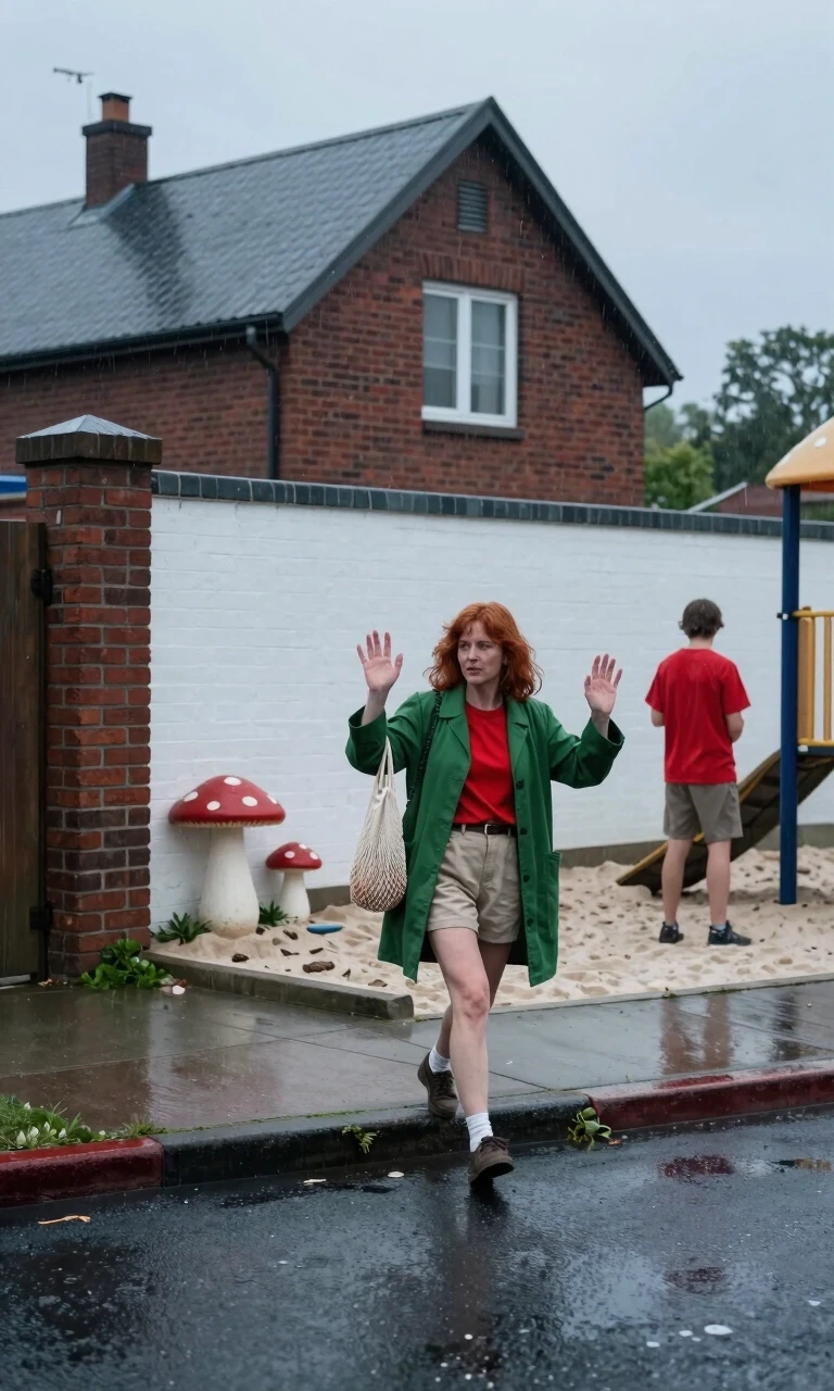 A red-haired woman in a green, vintage coat and an open shirt walks down the street, waving her arms, holding a white mesh bag. She walks along the sidewalk. Part of a house,…