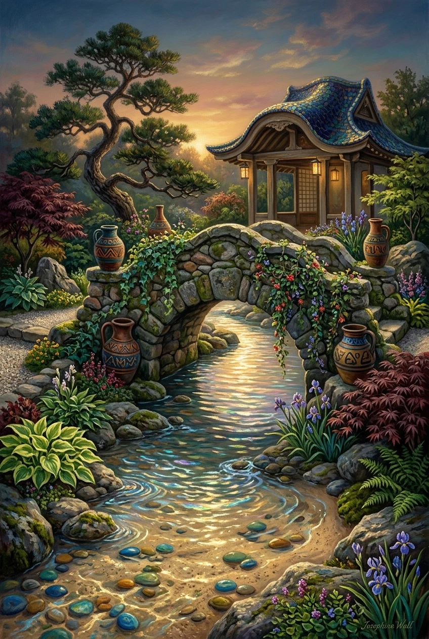 A small landscape architectural form in a style that combines Gaudí’s modernism and Japanese wabi‑sabi. A neat, well‑maintained rock garden with a stream in picturesque banks…