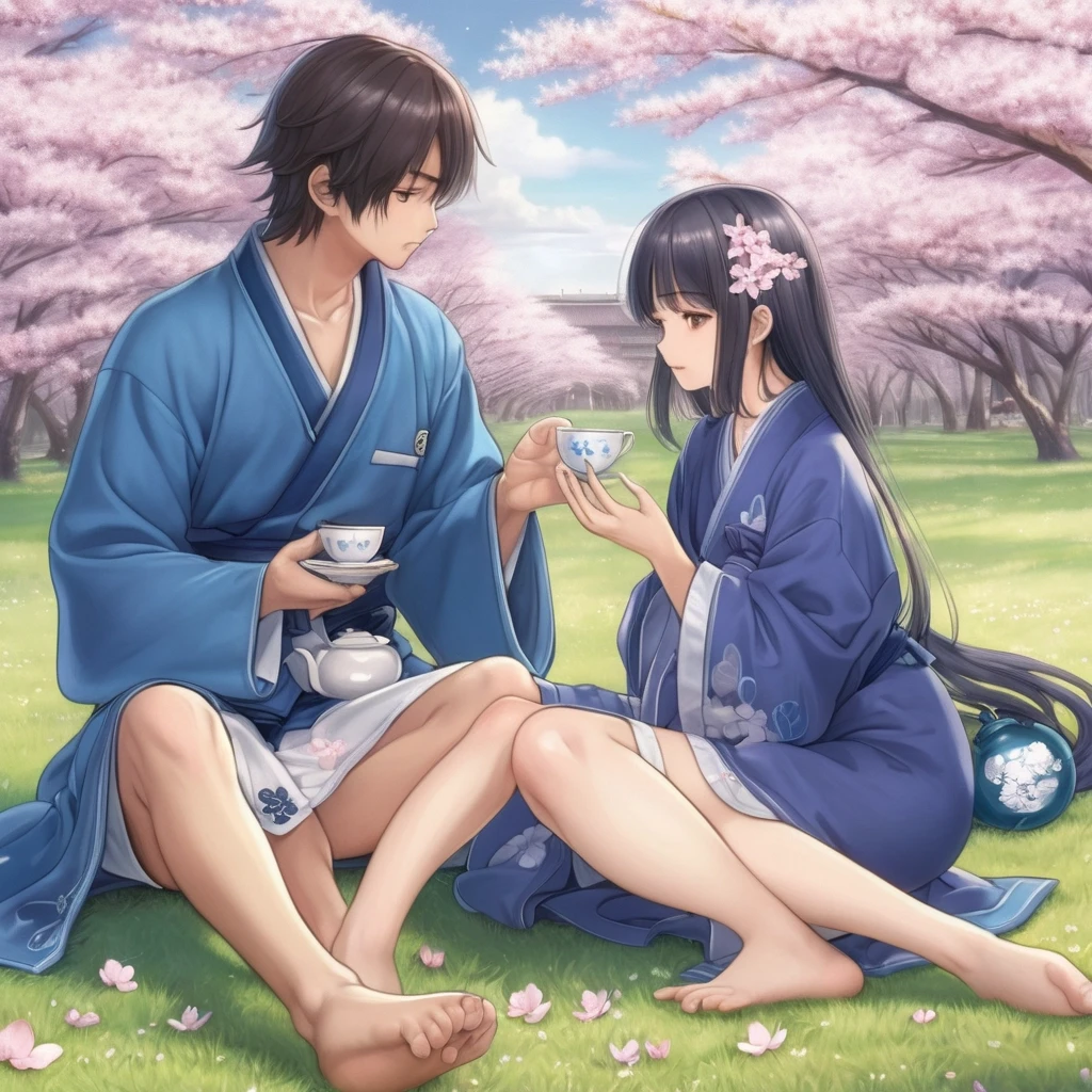 a couple of people that are sitting in the grass, a picture, by Jin Homura, tea, wearing a blue robe The girl opens her robe (not completely), the cherry blossom petals cover…