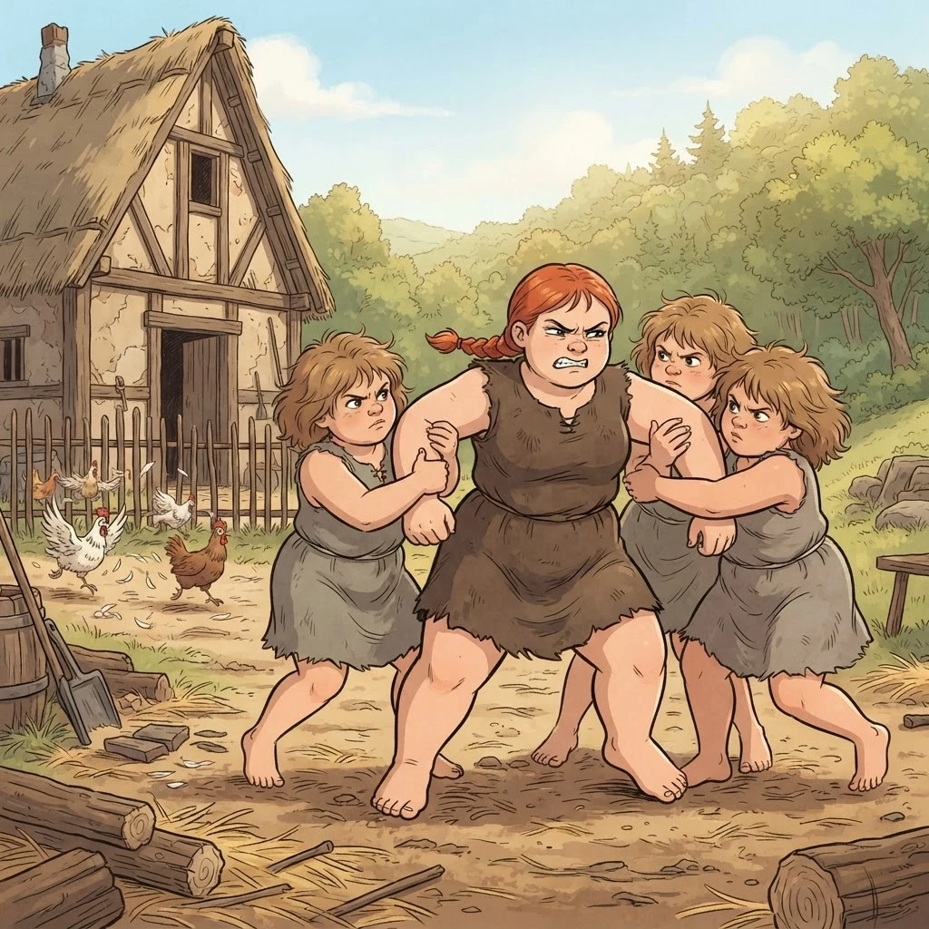Subject and Setting: Four girls wrestling, three holding one by the arms in a backyard, low fantasy. Character (left): Tall, very plump, broad-shouldered. Short red braid,…