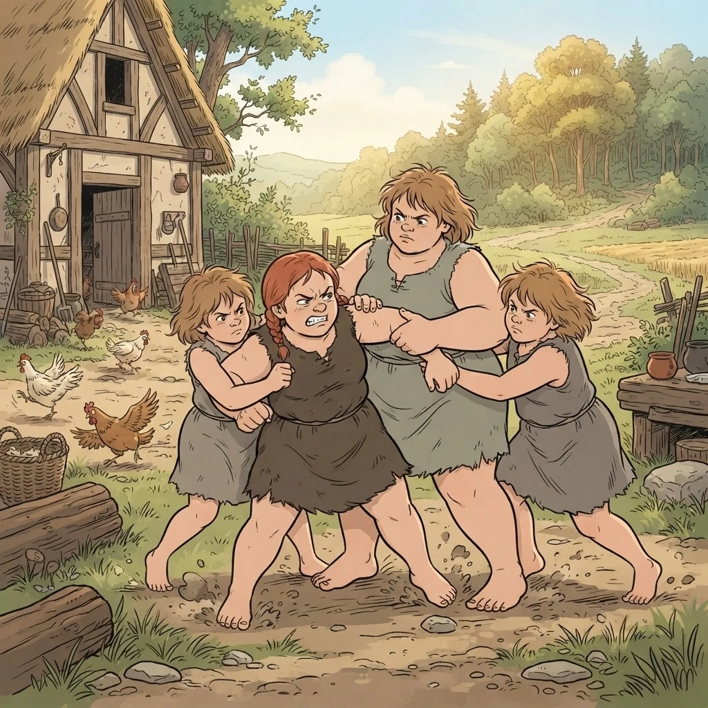 Subject and Setting: Four girls wrestling, three holding one by the arms in a backyard, low fantasy. Character (left): Tall, very plump, broad-shouldered. Short red braid,…