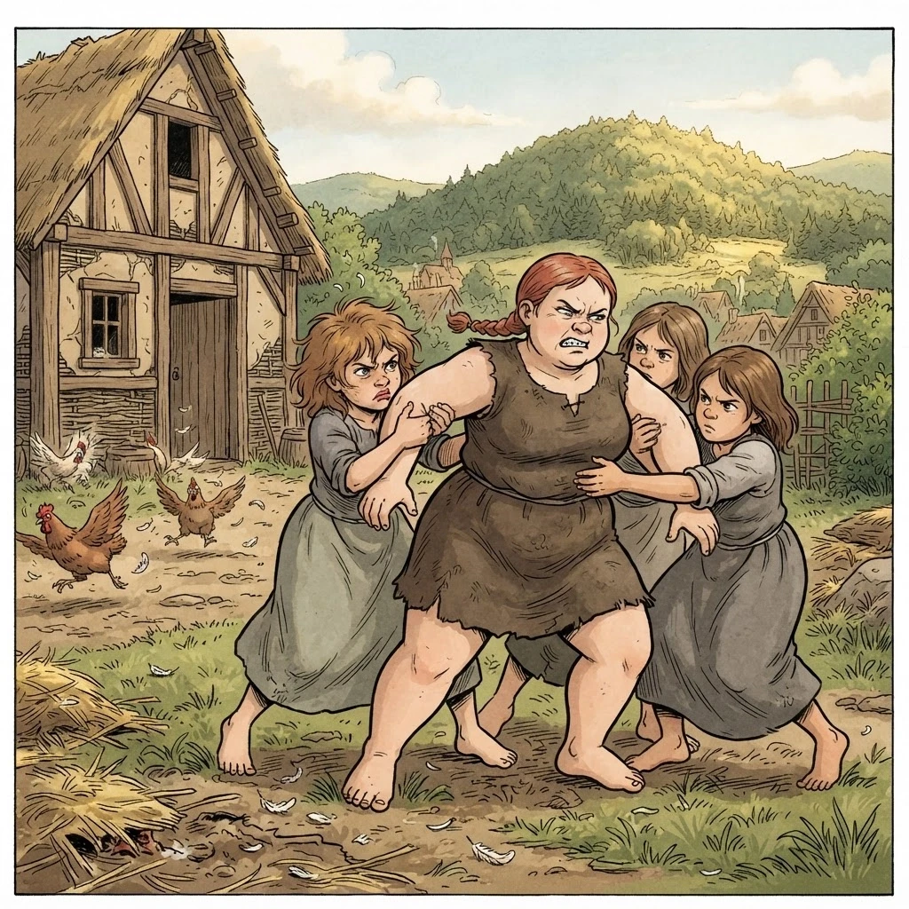 Subject and Setting: Four girls wrestling, three holding one by the arms in a backyard, low fantasy. Character (left): Tall, very plump, broad-shouldered. Short red braid,…