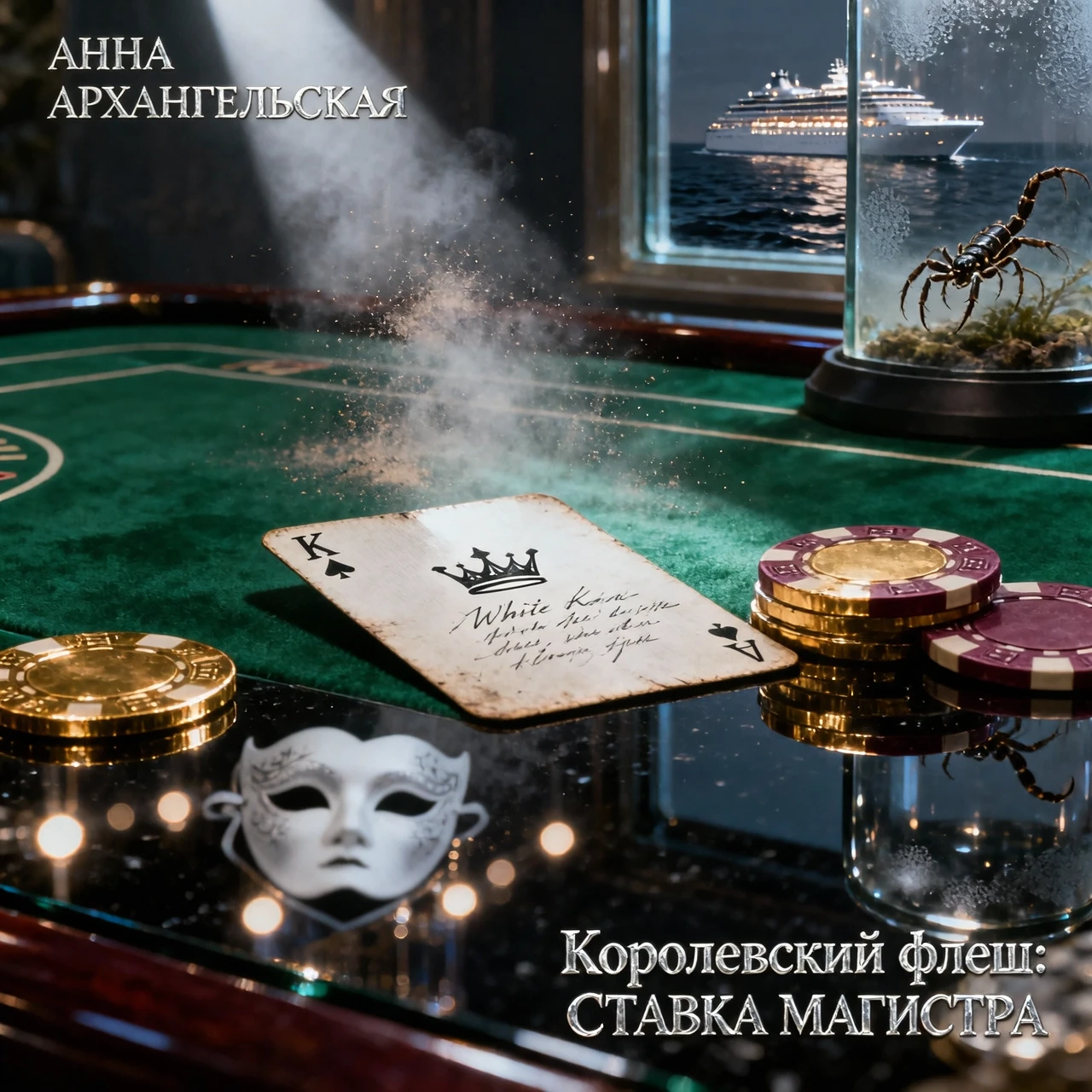 Premium A5 book cover for a detective thriller, vertical orientation. Cinematic realism, hyper-detailed photorealism. Composition: A macro close-up shot of a professional poker…