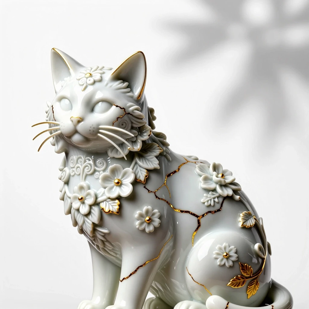 Digital image in Baroque and rocaille style with elements of kintsugi technique. Close-up. Decorative sculpture made of white porcelain: 1.5. Golden cracks. Volume. The Persian…