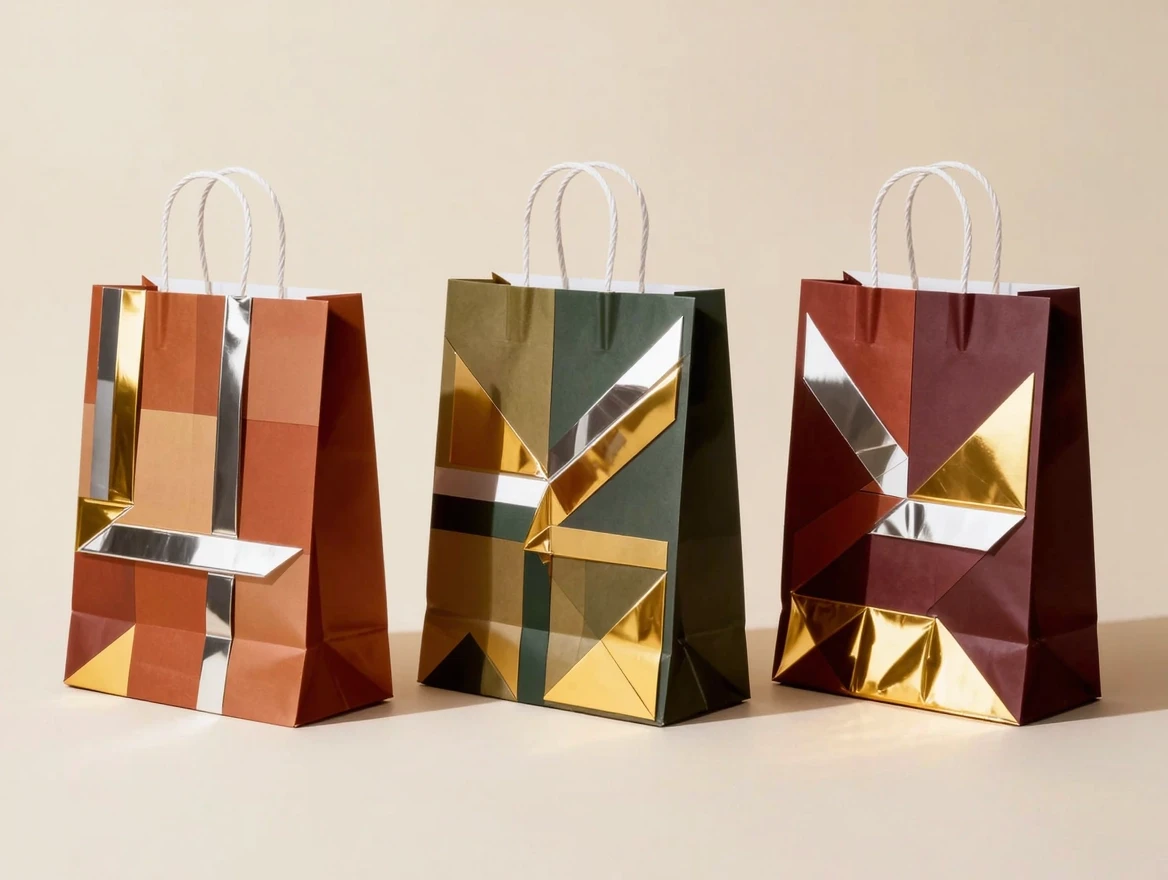 Three premium paper shopping bags standing side by side on a stark, matte light beige background with no gradient, white twisted rope handles, photorealistic product photography…