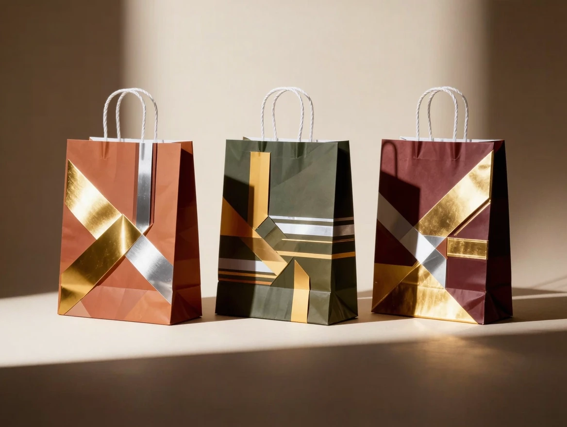 Three premium paper shopping bags standing side by side on a stark, matte light beige background with no gradient, white twisted rope handles, photorealistic product photography…
