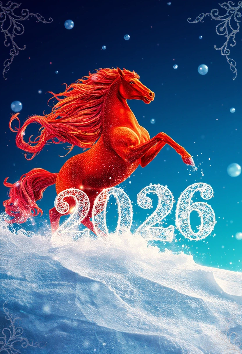 In the double exposure style. An ephemeral mythical creature in the form of a beautiful scarlet fiery horse with a long wavy mane collects the word "2026" from glass…