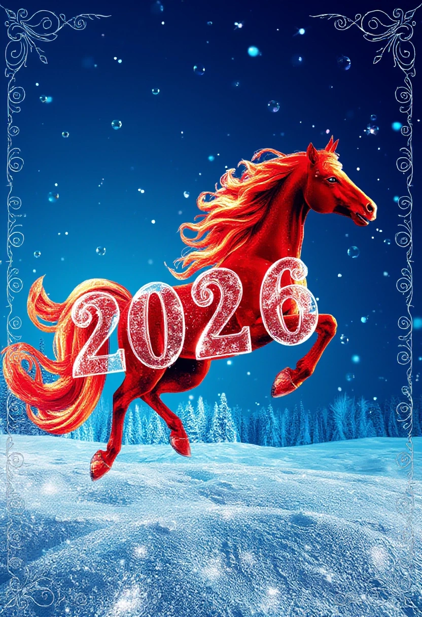 In the double exposure style. An ephemeral mythical creature in the form of a beautiful scarlet fiery horse with a long wavy mane collects the word "2026" from glass…