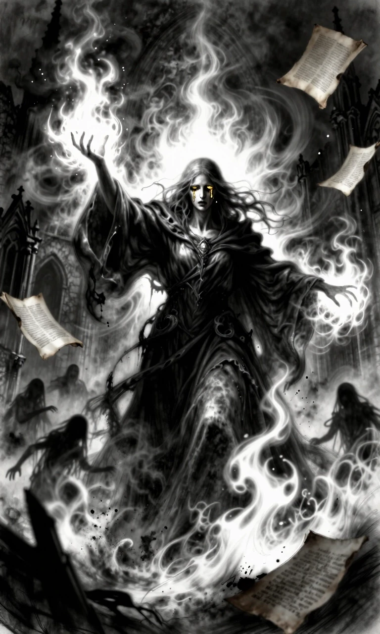 Prompt: A monumental 8k dark fantasy masterpiece, executed in a hybrid technique of ethereal smoke painting and raw, aggressive charcoal sketching. The "Saint Inquisitor of…