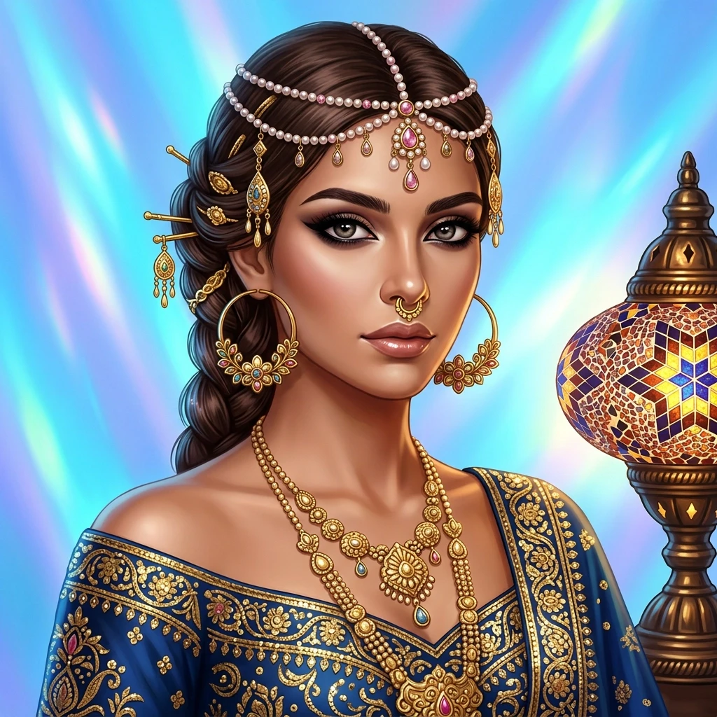 The picture shows a woman in an oriental style, made using digital illustration techniques. Description of the character. Clothes. She is wearing an off-the-shoulder dress…