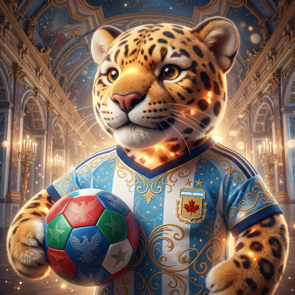 (The Mascot):plush jaguar stuffed toy, football, game, mascot. (Appearance):He is wearing a football uniform in the colors of the national flag of Argentina. He holds a tricolor…