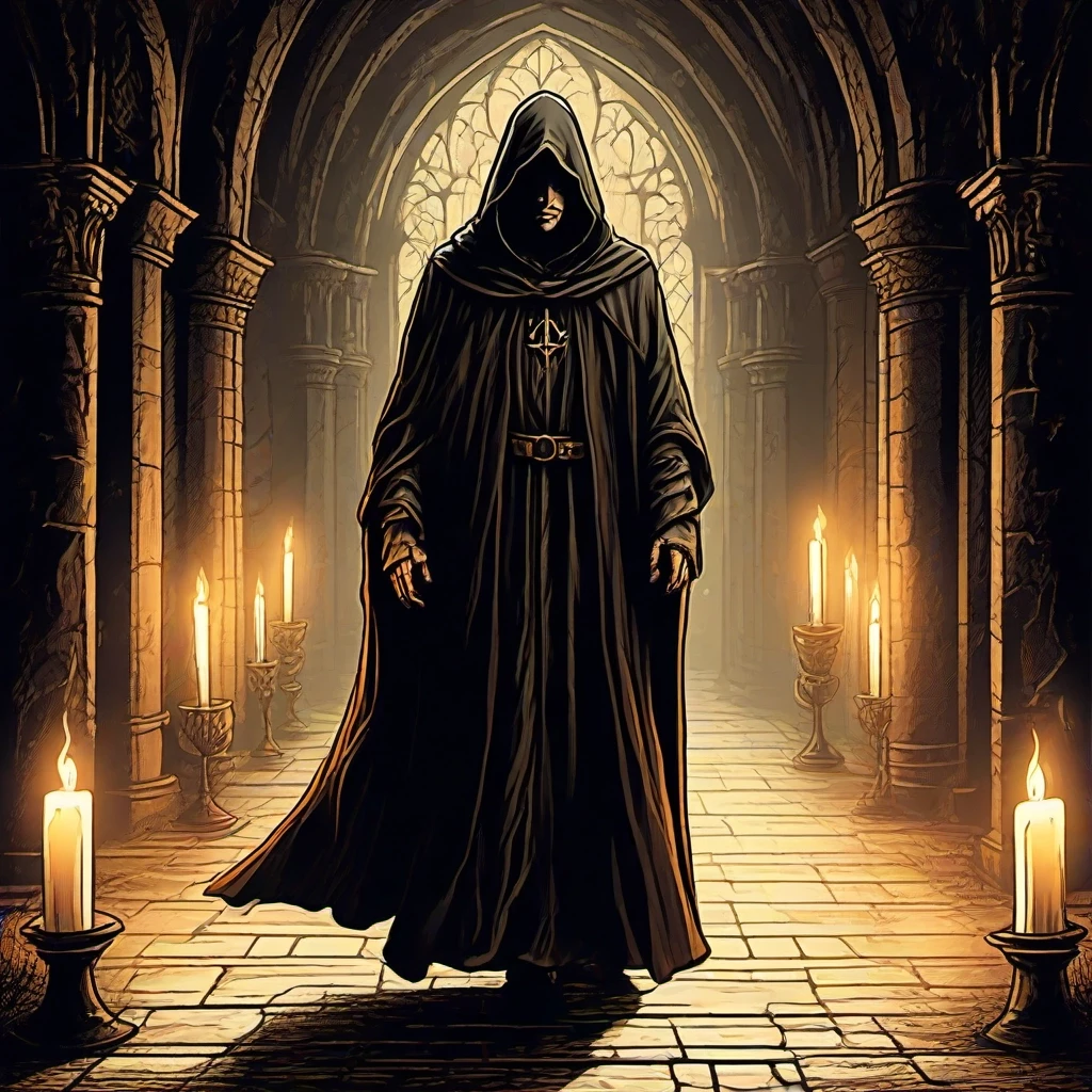 Under the vaults of an ancient medieval church, in the semi-darkness, by the lit candles, stands a mysterious man in a long, ankle-length cloak, a hood thrown over his head, his…