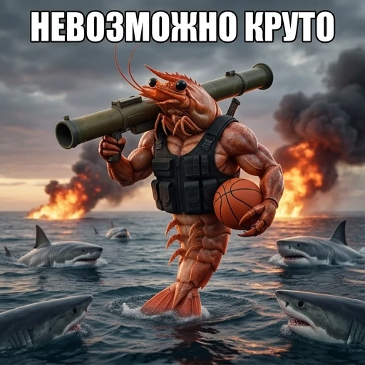 Надпись "невозможно круто" русским языком, мемным шрифтом и мегаперекачанная креветка с очень большой ракетницей на плече и баскетбольный мяч в руке и вокруг нее много…