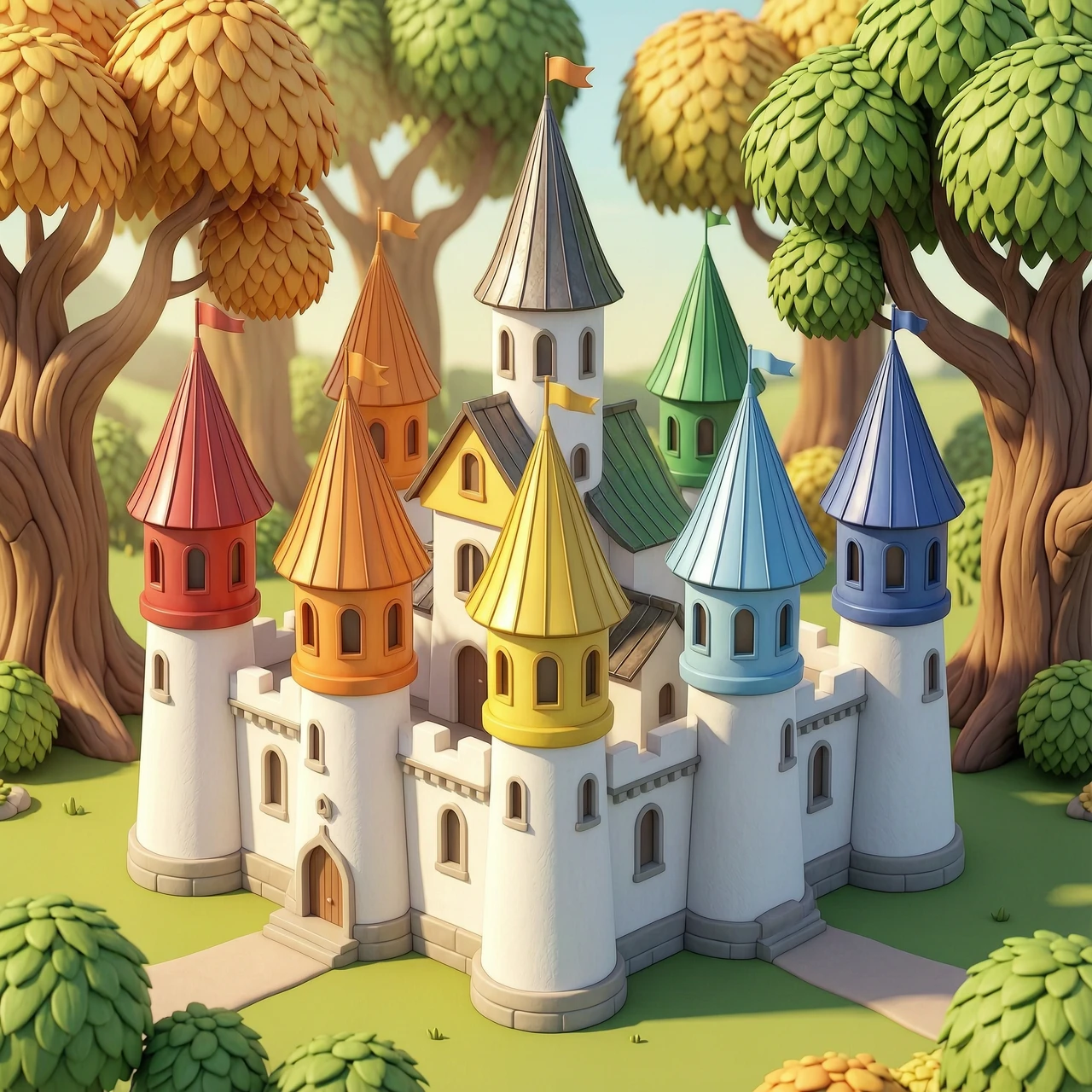Создай 3D-иллюстрацию в стиле architecture: замок точно с 6 башнями. Основной цвет замка — белый. Каждая из шести башен должна быть окрашена в свой цвет, следуя…