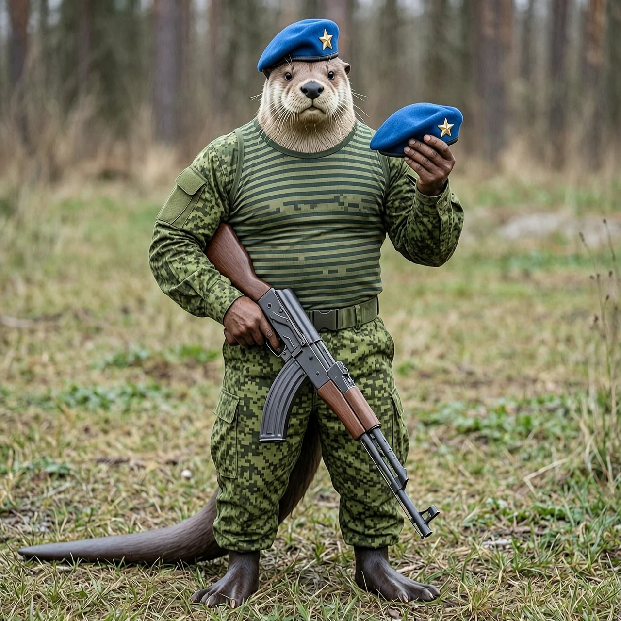 Сгенерируй изображение (Антропоморфный накаченный бобёр военный, в левой руке он держит берет (он как будто его вот вот оденет), в правой руке держит акс-74 дулом вниз. Одежда…